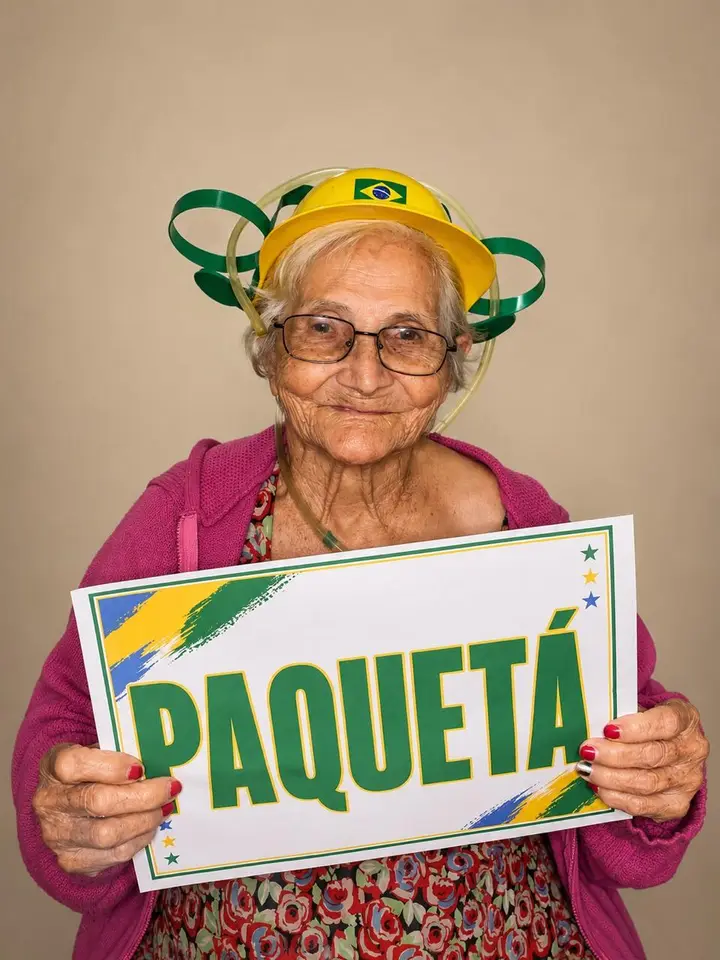 Residente torcendo pelo Brasil na Copa do Mundo 2026, com adereços verde e amarelo e um cartaz com o nome de Paquetá